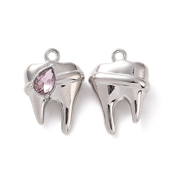 Rack Plating Alloy Glass Pendants, Cadmium Free & Lead Free & Nickle Free, Faceted, Tooth Charms with Teardrop, Platinum, Pearl Pink, 19x13.5x7mm, Hole: 1.4mm