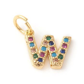 Brass Micro Pave Colorful Cubic Zirconia Charms, Golden, Letter.W, 8.5x9.5x2mm, Hole: 3mm