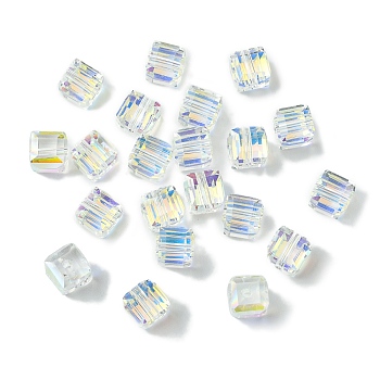 100Pcs Transparent Electroplate Glass Beads, AB Color Plated, Faceted, Cube, Clear, 7x7x7mm, Hole: 1.6mm