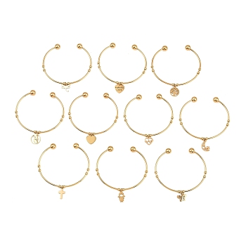 10Pcs Ion Plating(IP) 304 Stainless Steel Cuff Bangles, Torque Charms Bangles, Mixed Shapes, Real 18K Gold Plated, 2-1/4 inch(5.8cm), 10pcs/set