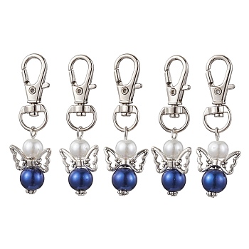 Glass Pearl Pendant Decorations, with Alloy Swivel Lobster Claw Clasps, Angel, Dark Blue, 56mm