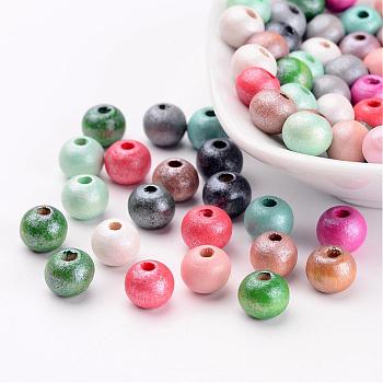 Round Natural Wood Beads, Dyed, Lead Free, Mixed Color, 7~8x8~9mm, Hole: 2~3mm