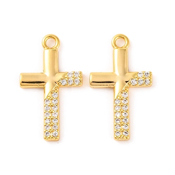 Brass Micro Pave Clear Cubic Zirconia Pendants, Cross, Real 18K Gold Plated, 18.5x10.7x1.5mm, Hole: 1.5mm