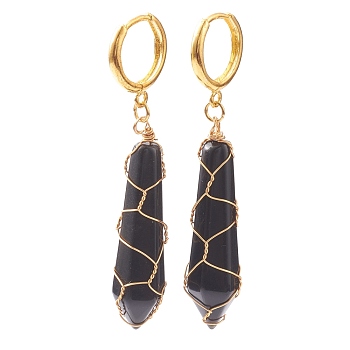 Brass Huggie Hoop Earrings, with Natural Obsidian Wire Wrapped Bullet Pendants, Golden, 50mm, Pin: 1mm