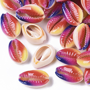 Printed Natural Cowrie Shell Beads, No Hole/Undrilled, Rainbow Style, Colorful, 18~21x12~15x7mm