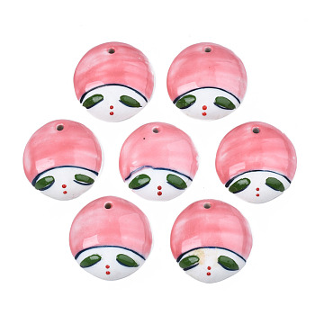 Handmade Porcelain Pendants, Famille Rose Style, Dome with Girl Face Cartoon, Light Coral, 39~41x37~39x10~11mm, Hole: 3mm