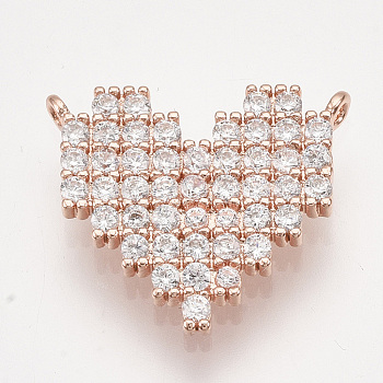 Brass Micro Pave Cubic Zirconia Pendants, Heart, Clear, Rose Gold, 14.5x16.5x2mm, Hole: 1mm