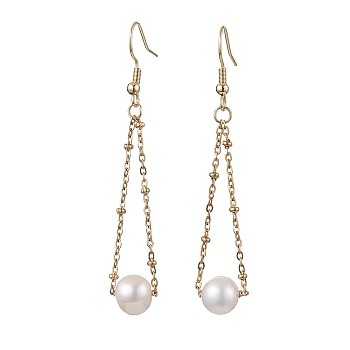 Natural Cultured Freshwater Pearl Dangle Earrings, with 304 Stainless Steel Earring Hooks, Round, Golden, 60x8mm