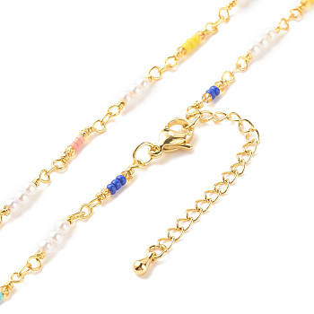 Imitation Pearl & Glass Seed Beaded Chain Necklace for Women, Golden, Colorful, 18-1/4 inch(46.2cm)