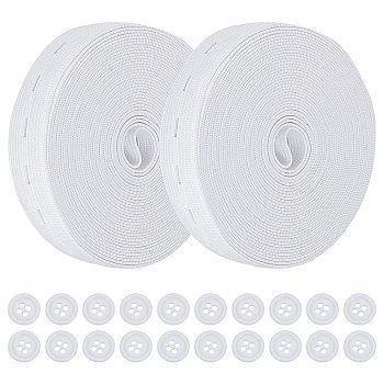 20Pcs Dyed Resin Flat Round Buttons, with 2 Rolls Flat Elastic Rubber Band, for Webbing Garment Sewing Accessories, White, Button: 13x2mm, Hole: 1mm, 20pcs