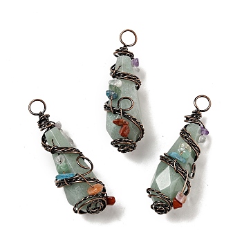 Natural Green Aventurine Pointed Big Pendants, Faceted Bullet Charm, with Red Copper Tone Brass Findings and Mixed Chip Stones, Cadmium Free & Lead Free, 51~55x15~17x17~19mm, Hole: 5~6mm