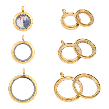 3Pcs 3 Style 304 Stainless Steel Locket Pendants, with Glass, DIY Accessories for Jewelry Pendant Making, Flat Round Charm, Golden, 25.5~36x19.5~29.5x4~6mm, Hole: 4~5mm, 1pc/style