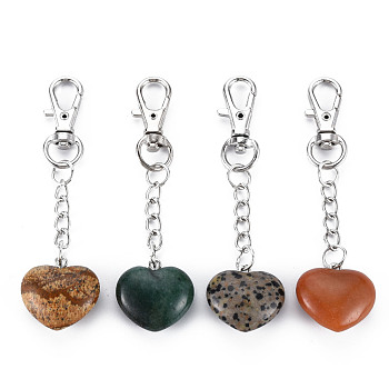 Natural Mixed Gemstone Keychain, with Brass Lobster Claw Clasps and Iron Chains, Heart, Platinum, 80~86mm