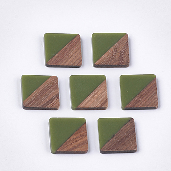 Resin & Walnut Wood Cabochons, Square, Olive Drab, 13.5x13.5x3mm