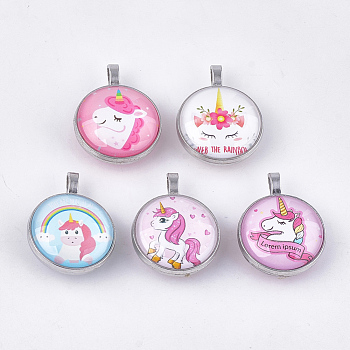 Glass Pendants, with Alloy Findings, Flat Round with Unicorn, Platinum, Mixed Color, 35x27x14mm, Hole: 3x5.5mm