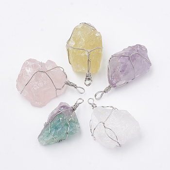 Natural Gemstone Pendants, with Brass Findings, Nuggets, Platinum, 45~50x25~40x14~25mm, Hole: 3~5mm