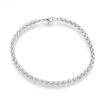 304 Stainless Steel Wheat Chain Bracelets, with Lobster Claw Clasps, Stainless Steel Color, 8-5/8 inch(22cm), 4mm