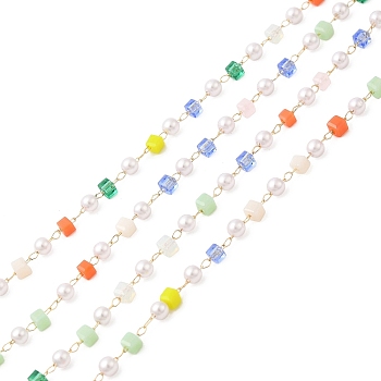 Faceted Cube Glass & ABS Plastic Imitation Pearl Beaded Chains, with Light Gold 304 Stainless Steel Findings, Soldered, Colorful, Cube: 2.5x2.5x2.5mm, Round: 2.5x3mm