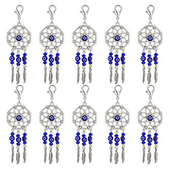 24Pcs Woven Net/Web with Feather Tibetan Style Alloy Pendant Decorations, with Handmade Evil Eye Lampwork Bead & Alloy Lobster Claw Clasps, Clip-on Charms, Blue, 90mm