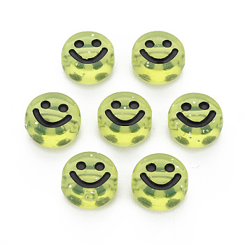 Transparent Acrylic Beads, with Glitter Powder, Flat Round with Black Enamel Smile Face, Yellow, 10x5mm, Hole: 2mm, about 1450pcs/500g