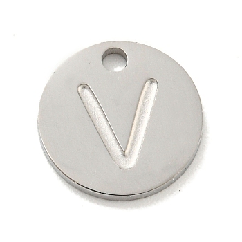 Non-Tarnish 304 Stainless Steel Pendants, Laser Cut, Flat Round with Letter Charm, Stainless Steel Color, Letter V, 10x1mm, Hole: 1.4mm