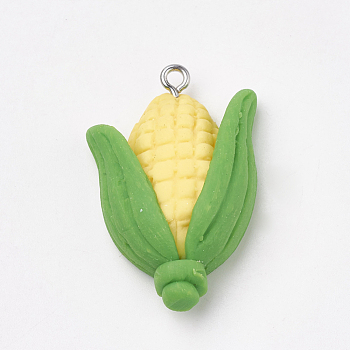 Handmade Polymer Clay Pendants, with Iron Findings, Maize/Corn, Platinum, Yellow, 35x22x10mm, Hole: 2mm