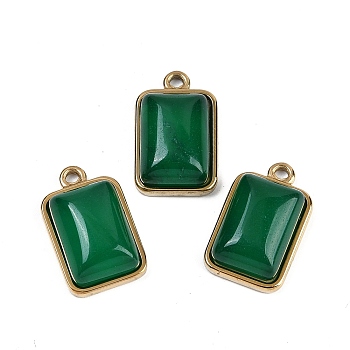 Natural Green Onyx Agate(Dyed & Heated) Pendants, with 304 Stainless Steel Findings, Rectangle Charms, Golden, 19.5x12x6~6.5mm, Hole: 1.7mm