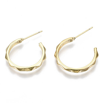 Brass Half Hoop Earrings, Stud Earring, with Stainless Steel Pins, Nickel Free, Ring, Real 18K Gold Plated, 24x21.5mm, Pin: 0.7mm