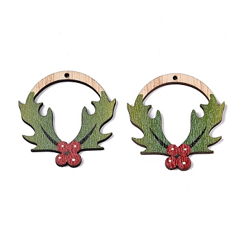 Printed Poplar Wood Pendants, Christmas Series, Christmas Wreath, 44.5x43x2mm, Hole: 1.6mm