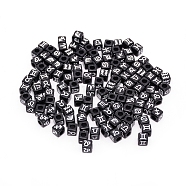 Opaque Acrylic Beads, Twelve Constellation/Zodiac Sign, Cube, Black, 7x7x7mm, Hole: 3.5mm, 1770~2100pcs/bag(PJ-TAC0001-23B)