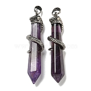 Natural Amethyst Pointed Big Pendants, Rack Plating Brass Snake Wrapped Faceted Bullet Charms, Antique Silver, Cadmium Free & Lead Free, 60.5x11.5x14mm, Hole: 8x5mm(G-F766-07AS-03)