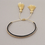 Miyuki Seed Braided Bead Bracelet with Double Tassel, Multi-strand Friendship Bracelet for Women, Black, 11 inch(28cm)(BJEW-P269-46C)