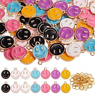 70Pcs 7 Colors Alloy Enamel Charms, with 70Pcs Iron Open Jump Rings, Cadmium Free & Lead Free, Flat Round with Smiling Face, Light Gold, Mixed Color, Charms: 14.5x12x1.5mm, Hole: 1.5mm, 70pcs, Jump Rings: 6x0.7mm, 21 Gauge, Inner Diameter: 4.6mm, 10pcs/color(ENAM-SZ0002-22)