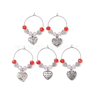 Valentine's Day Heart Alloy Wine Glass Charms, with Glass Beads and Brass Wine Glass Charm Rings, Antique Silver & Platinum, 44~45.5mm(AJEW-JO00228)