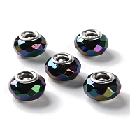 Opaque Brass Cores Acrylic European Beads, Rondelle, Large Hole Bead, Faceted, Silver, Black, 15x9mm, Hole: 5mm(OACR-M024-03S-10)