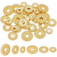 Elite 60Pcs 3 Styles Brass Spacer Bead, Flat Round with Gear Lace, Real 18K Gold Plated, 6~9.5x1.5~1.8mm, Hole: 2~2.5mm, 20pcs/style(KK-PH0037-03)