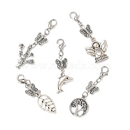 Butterfly Tibetan Style Alloy Pendants, with 304 Stainless Steel Jump Rings and Lobster Claw Clasps, Dauphin & Tree of Life, Cactus, Leaf and Angel, Antique Silver & Stainless Steel Color, 45~55mm(HJEW-JM00539)