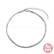 925 Sterling Silver Snake Chain Anklet, Real Platinum Plated, 8-5/8 inch(21.8cm)(AJEW-Z029-14P)