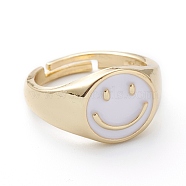 Adjustable Brass Enamel Finger Rings, Long-Lasting Plated, Smiling Face, Real 18K Gold Plated, White, US Size 7 1/4(17.5mm)(RJEW-Z006-E-04)