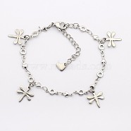 304 Stainless Steel Dragonfly Charms Bracelets, with 304 Stainless Steel Findings, Lobster Claw Clasps and End Chains, Stainless Steel Color, 6-1/2 inch(165mm), 4mm(BJEW-J107-40)