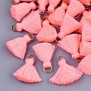 Polycotton(Polyester Cotton) Tassel Pendant Decorations, with Iron Findings, Light Gold, Light Coral, 20~30x7~8mm, Hole: 5mm(FIND-S280-15)
