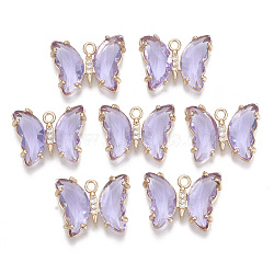 Glass Pendants, with Micro Pave Cubic Zirconia and Brass Open Back Settings, Faceted, Butterfly, Light Gold, Lilac, 15.5x20x4mm, Hole: 1.8mm(X-GLAA-T021-24F)