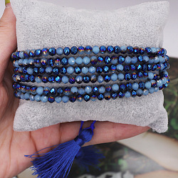 Glass Beads Wrap Bracelets for Women, Ronud, with Tassel, Faceted, Blue(UZ4087-2)