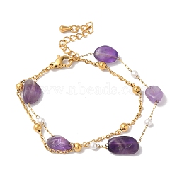 Nuggets Natural Amethyst & Imitation Pearl Multi-Strand Bracelets, Ion Plating(IP) 304 Stainless Steel Cable Chain Bracelets for Women Men, Golden, 6-1/2 inch(16.4cm)(BJEW-P326-02A-G)