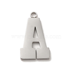 304 Stainless Steel Pendants, Letter A Charm, Stainless Steel Color, 17.5x10x1mm, Hole: 1.6mm(STAS-L022-227P)