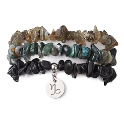 3Pcs 3 Styles Natural Labradorite & Obsidian & Moss Agate  Chips Stretch Bracelets Sets, Stackbale Bracelets with 304 Stainless Steel Charms, Capricorn, Inner Diameter: 2-1/8 inch(5.5cm), 1Pc/style(BJEW-JB11076-12)