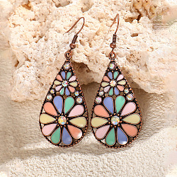 Bohemian Alloy Enamel Dangle Earrings, with Rhinestone, Teardrop with Flower Pattern, Red Copper, Colorful, 62x25mm(FS-WG2DAA9-17)