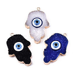 Druzy Resin Charms, with Edge Light Gold Plated Iron Loops, Hamsa Hand/Hand of Fatima/Hand of Miriam with Eye, Mixed Color, 41x26.5x9.5mm, Hole: 1.8mm(RESI-S383-053B)