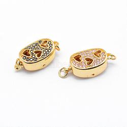 Brass Box Clasps, with Cubic Zirconia, Cadmium Free & Nickel Free & Lead Free, Real 18K Gold Plated, Oval and Heart, Hollow, Mixed Color, 18x8.5~9x7mm, Hole: 2mm(KK-G323-05-G-NR)