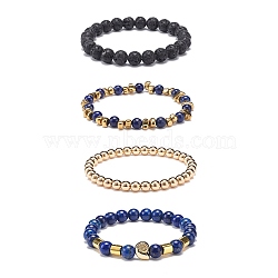 4Pcs 4 Style Natural Lava Rock & Lapis Lazuli(Dyed) & Synthetic Hematite Stretch Bracelets Set with Alloy Shell Beaded, Essential Oil Gemstone Jewelry for Women, Inner Diameter: 2~2-1/4 inch(5~5.75cm), 1Pc/style(BJEW-JB08738)
